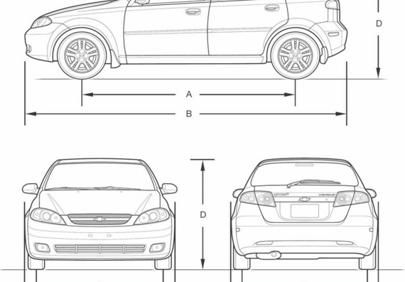 Chevrolet Optra (Hatch. & Wagon) (2007) (Chevrolet Optra (Hutch. & Universal) (2007)) - drawings (drawings) of a car